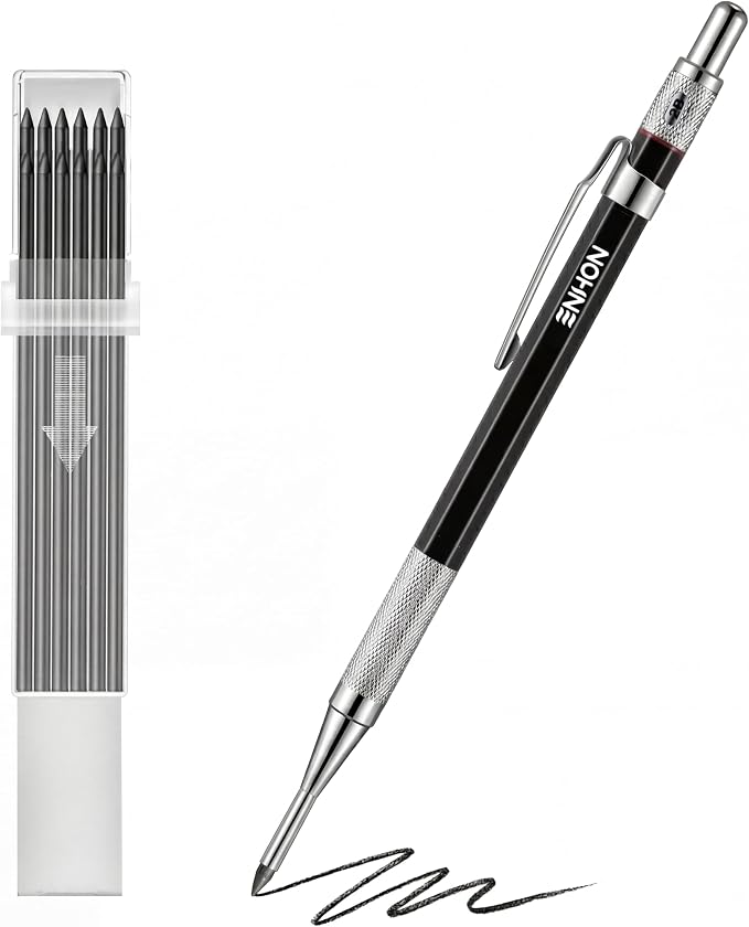 Enhon 2mm Carpenter Pencil Set with 12 Refills and Sharpener, Black | Woodworking Marking Tool Solid Deep Hole Construction Mechanical Pencil, Extended Needle-Nose Tip for Use in Jobs
