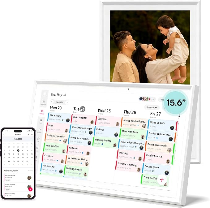 15.6" Smart Digital Calendar, No Subscription WiFi Touch 1080P Photo Frame | No subscription fees, cross-platform WiFi sync iCloud, Google & Outlook, all-in-one FHD touch family organizer photo frame
