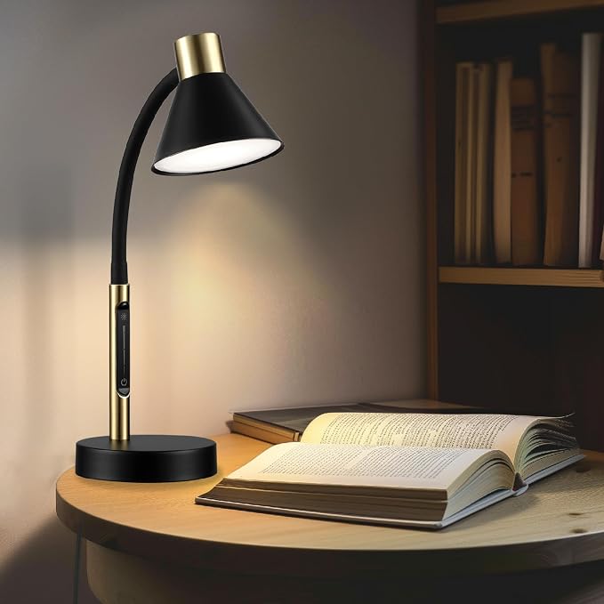 Globe Electric 62000034 15" LED Integrated Desk Lamp, Matte Black, Brass Accent, Adjustable Gooseneck, Dimmable, 3 Color Temperature, 7.5W, 90 CRI, 400 Lumens, Reading Light, Dorm Room Essentials