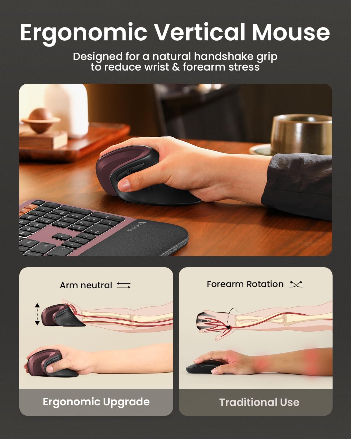 ProtoArc Ergonomic Vertical Mouse, EM11 NL Rechargeable Wireless Mouse Bluetooth, Ergo Mice with 3 Multi-Device for PC/Notebook/Laptop, 2.4GHz Optical Mice for Windows, Mac OS, Wine Red