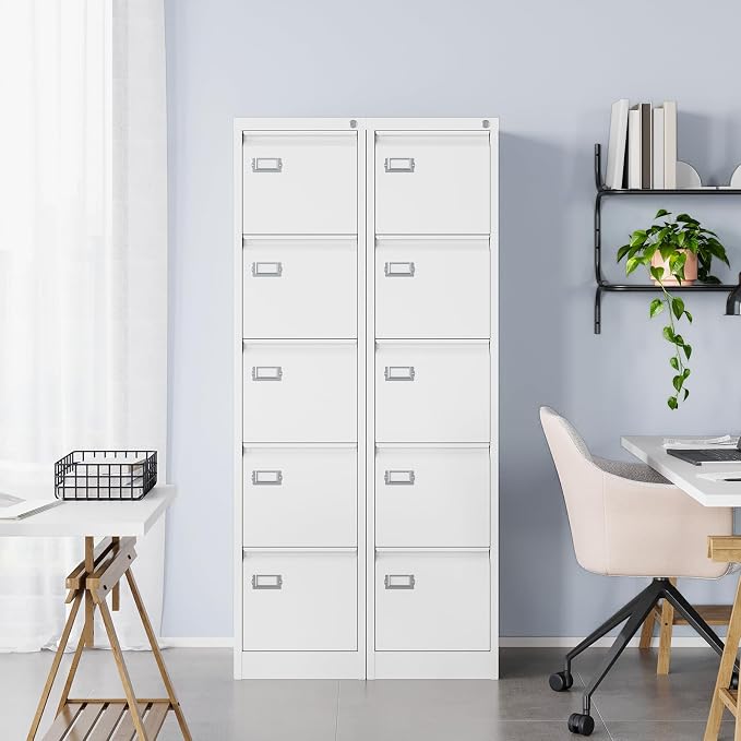 MIIIKO 5 Drawer File Cabinet with Lock, Metal Vertical Filing Cabinets for Home Office,File Folders Storage Cabinet for Letter Legal A4 File Size