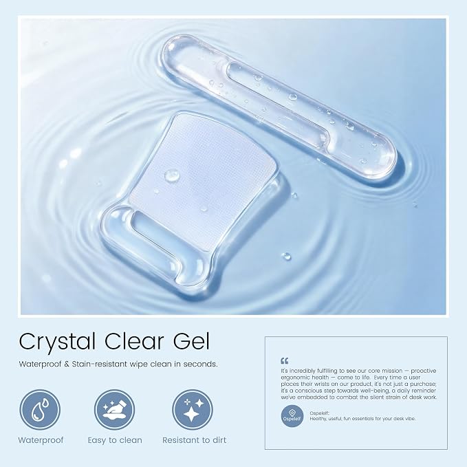 Ospelelf Clear Mouse Pad with Wrist Rest and Ergonomic Gel Keyboard Hand Wrist Set, Support for Typing Gaming, Relieve Wrist Pain, Cool & Easy to Clean, for Office, Programmer, Home Computer Use