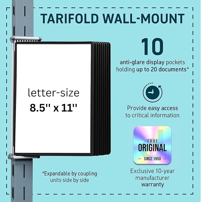 Tarifold Wall Mount Reference Display System, 10 Pockets, Expandable, Black | 10 double-sided PVC pockets, holds 20 letter-size sheets, sturdy wall mount bracket, snap-on index tabs, easy to install