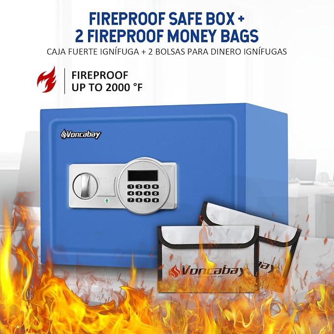 Voncabay Money Safe Box for Home with Digital Keypad, 0.8 Cu. Ft., Blue | Alloy Steel, 2 Fireproof Bags, Digital Keypad with Display, Removable Shelf, Fits A4, 13.8 x 9.85 x 9.85 In.