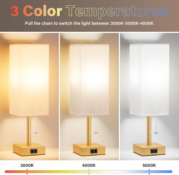 Bedside Lamp for Bedroom Set of 2 - Gold Table Lamp for Nightstand | AC Outlet, 3 Color Temperatures, LED Bulb Included, Pull Chain Design, 14" Rectangular Desk Lamp for Dorm/Office, 2-Pack