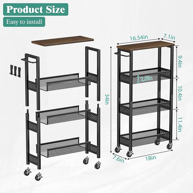 Slim Rolling Storage Cart 4 Tier Bathroom Organizer Mobile Shelving Unit Utility Cart with Wood Top and Handle for Kitchen Laundry Narrow Places, Black