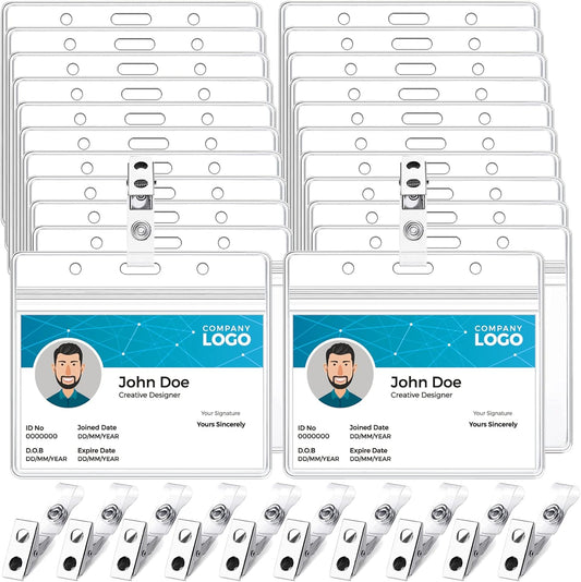 100 Pack Name Badge Holder with Clear PVC Horizontal Badge Holder and Metal Badge Clip Waterproof Resealable Zipper Seal Name Holder Tags