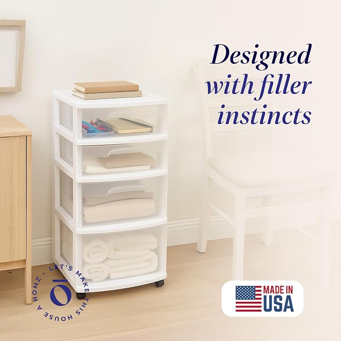 HOMZ Drawer Tower, 4-Tier Storage Cart with Removable Wheels, White Frame | Clear Plastic Rolling Drawers for Desk, Dresser, Cabinet, Bedroom, Bathroom, Classroom & Office