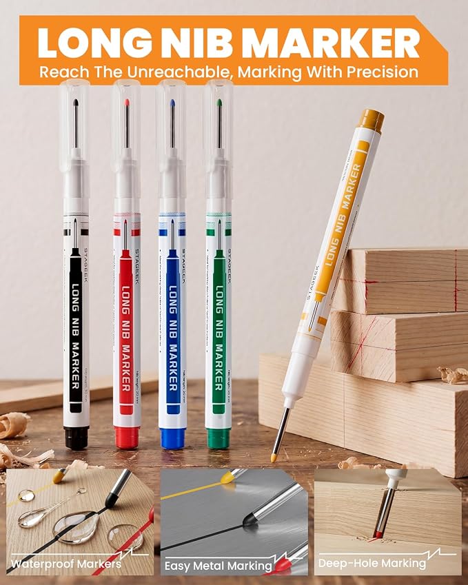 STAGEEK 49 Pack Carpenter Pencils Set With 164 Refills | Construction Pencil, Deep Hole Long-Nib Marker Pens, Automatic Center Punch and Carbide Scribe Tool for Woodworking with Case