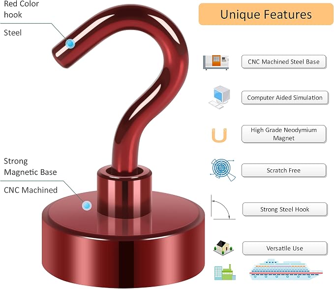 Neosmuk Magnetic Hooks, Heavy Duty 40lb+ Strong Magnet Hook for Cruise Cabins, Cruise Essentials 2026 for Hanging, Metal Wall Refrigerator Hangers (Red, 10 Pack)