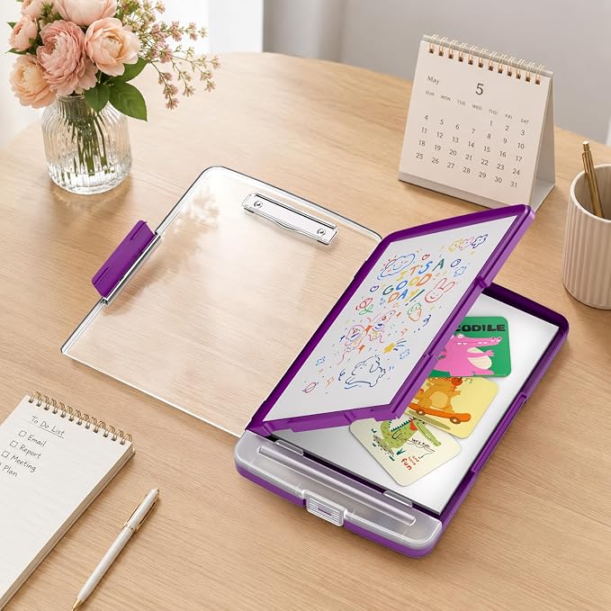 Clipboard with Storage and Pen Holder, Deep Purple 8.5 x 11'' Folder Side Open, Heavy Duty with Dual Compartment, Clear Dry Erase for Coach, Size 14.5 x 9.8 x 1.5'', Office & School Supply