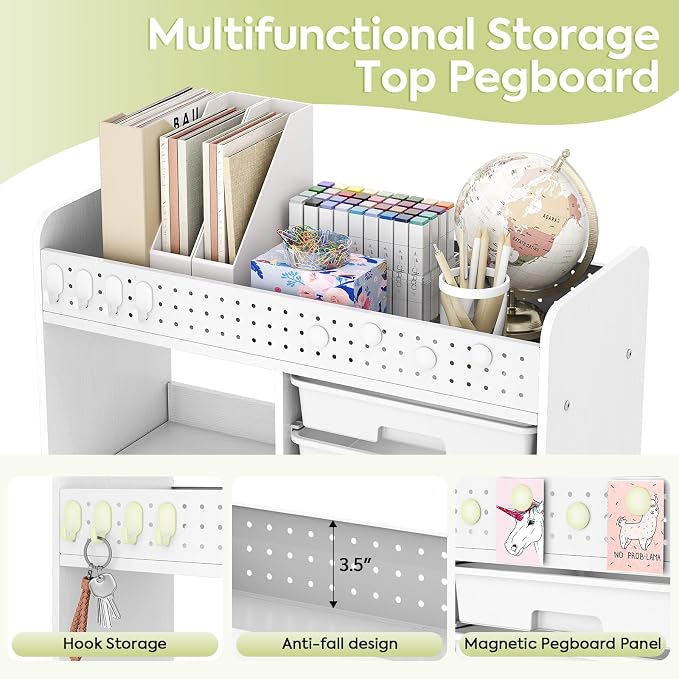 Rolling Craft Cart with 6 Drawers, Pegboard and Locking Wheels White | Ample multi-zone storage, 2 open shelves, art cart for classrooms, homeschool and offices, sturdy wood-metal frame
