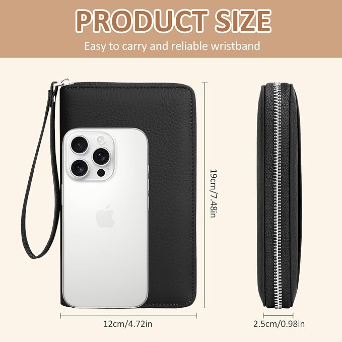 RFID Passport Holder for Travel Family with Coin Pocket, Black | Leather Passport Cover for 2, Travel Document Organizer with Wrist Strap & 24 Card Slots, for Women Men
