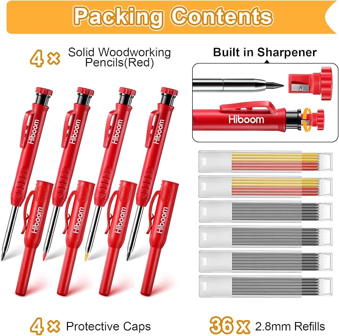 Hiboom 4 Pack Carpenter Pencil with 36 Refills Built In Sharpener (Red) | Concrete Wood Metal, Deep Marking, Multi-Color Refills, 2.8mm Lead, Construction Work, Waterproof, Carpenter Builder DIY