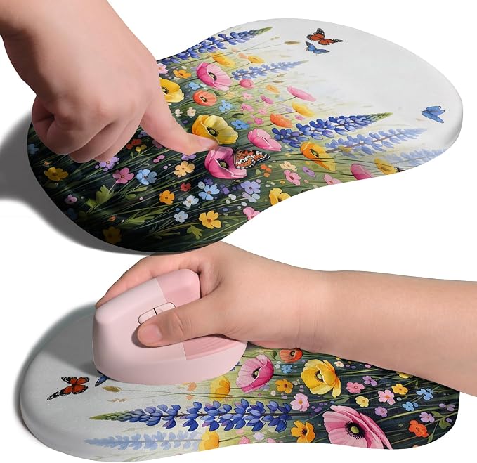 Ergonomic Joint Wrist Support Mouse Pad with Memory Foam Cushion Massage Bump, Carpal Tunnel Pain Relief Mousepad Slope Design for Wrist Rest, 11.8x7.9 in, Wild Flower