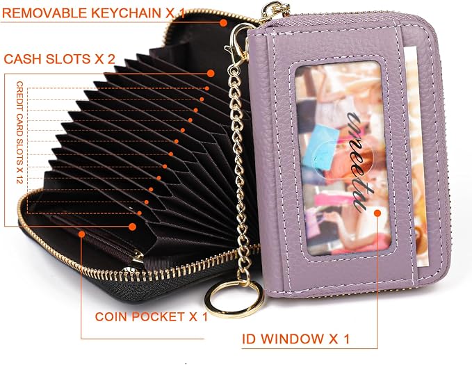 imeetu RFID Credit Card Holder, Small Card Wallet Women, Leather Card Case | Genuine Leather Women's Card & id Cases, Change Coin Purse with Zipper Keychain id Window, 20 Colors & 3 Styles, Daily, Gifts