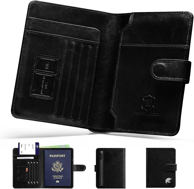 Passport Holder for Travel: Full Grain Leather Passport Cover with Airtag Holder Magnetic Buckle for Men - RFID Blocking Bifold Wallet for Air Ticket Card Cash Coin (Black)