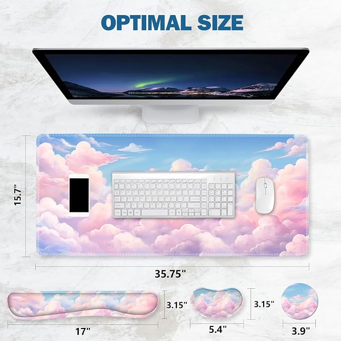 ToLuLu Large Mouse Pad Desk Pad, Wrist Rest Desk Mat for Keyboard and Mouse | 4PCS 35.4”x15.7" XXL Giant Mouse Pad Set, Non-Slip Base Stitched Edges Support Mousepad for Home Office, Dreamy Clouds