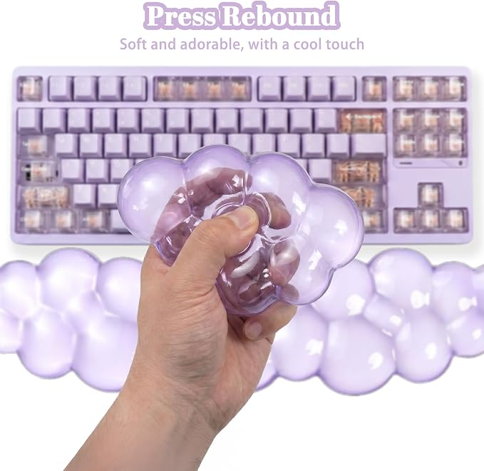 Acrylic Computer Keyboard Stand with Gel Cloud Wrist Rest Keyboard Riser with Comfortable Clear Silicone Mouse Wrist Pad Ergonomic Tilted Transparent Keyboard Holder for Desktop Office Purple