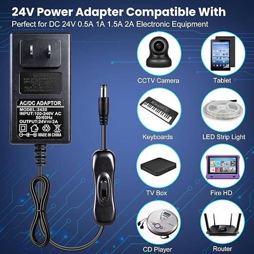 24V 2A Power Supply, 48W 24 Volt DC Power Adapter with On/Off Switch, 110V AC to 24V Transformer Plug for LED Strip Lights with 5.5x2.1mm DC Female Connector, Black