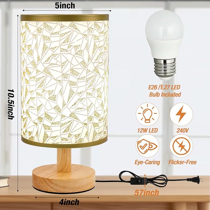 Desk Lamp LED Bulb Included, Small Bedside Table Lamp Plug-in - Classic Wood Base with Flaxen Fabric Shade, Lamps for Night Stands, Simple Nightstand Light for Bedroom, Office, Desk