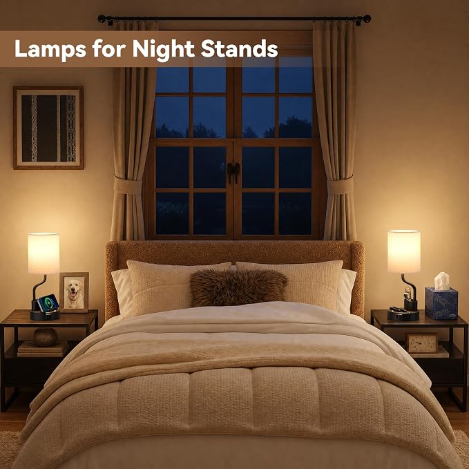 Bedside Lamps for Bedroom Set of 2 - Table Desk Lamp for Nightstand | 15" Table Lamp for Living Room with Pen Holder & Phone Stand, USB A+C Port, AC Outlet, 3 Color Temperature, LED Bulb Included