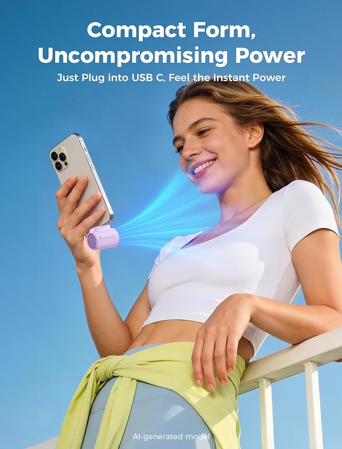 Aecooly Powerful USB C Phone Fan with Flexible Rod, 17000 RPM High Speed | Compatible with iPhone, iPad, Tablet, 4 Speed Mini Portable Phone Fan Attachment for Summer, Travel, Gifts for Women-Purple