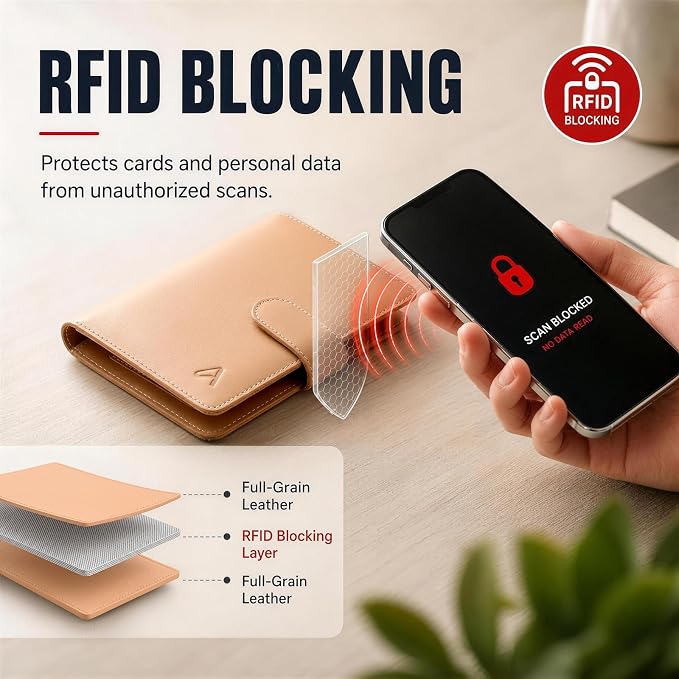 ALLIVE RFID Blocking Passport Wallet with AirTag Slot, Genuine Leather Passport Holder for Family Travel of 4, Travel Essentials & Gift, Airport Must-Have (Beige)