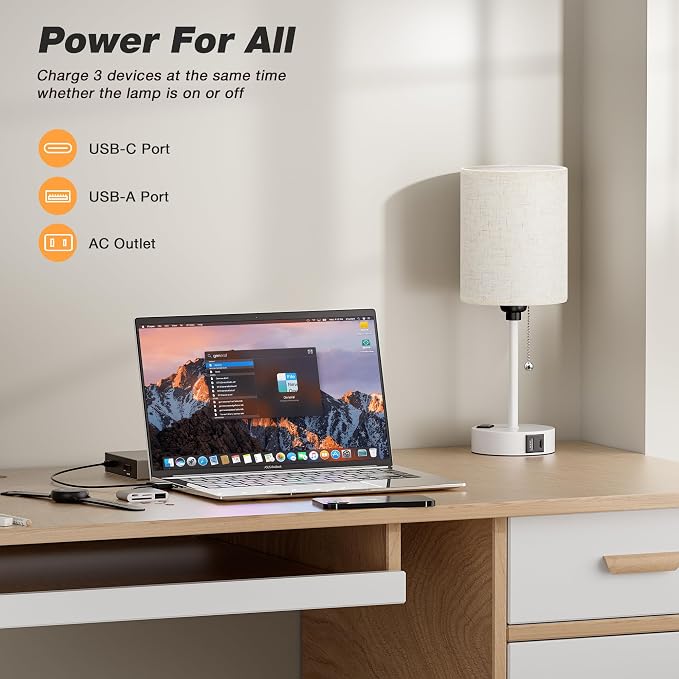 Small Bedside Table Lamp for Bedroom, Desk Lamp with USB Ports for Dorm | USB A+C Ports, AC Outlet, 3 Color Temperatures, LED Bulb Included, Linen-Fabric Shade, Matte White Base, 14" Night Stand Lamp