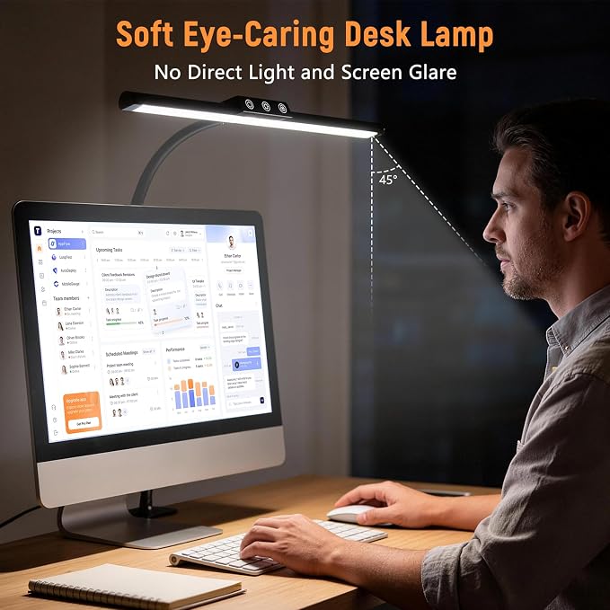 LED Desk Lamp for Home Office, Flexible Gooseneck Desk Lamp with Clamp, 5 Color Touch Control Stepless Dimming Adjustable Eye-Caring Desk Light with Adapter for Reading, Study, Workbench (Black)