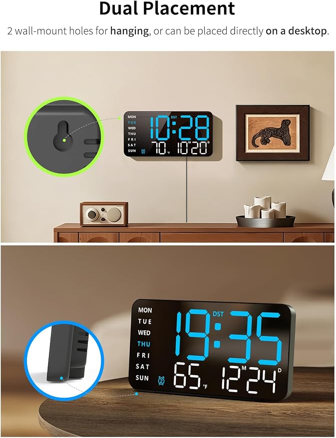 Abovsare Digital Wall Clock, Digital Clock Large Display, Corded LED Alarm Clocks with Date, Week, Temp, Auto Dimming, DST, Wall Mount or Desk Clock for Bedroom Living Room Classroom Office (Blue)