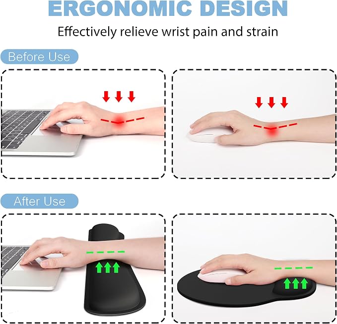 Ergonomic Mouse Pad with Wrist Rest and Keyboard Wrist Rest, Mousepad | Memory Foam Wrist Rest for Computer Keyboard, Pain Relief, Non-Slip Rubber Base, Black Mouse Pad Wrist Support for Gaming