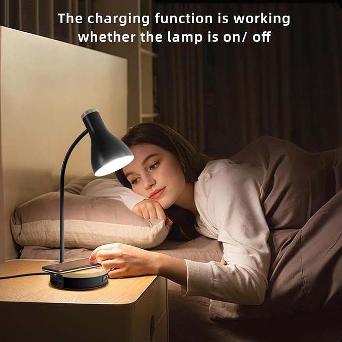 LALISU Metal Desk Lamp Wireless Charging Table Lamp Touch Reading Lights Arc Desk Lamps for Bedroom, 3 Way Dimmable Bedside Lamp with USB Charging Ports Lamp for Study Room and Office (Black)
