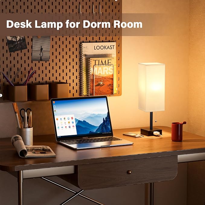 White Bedside Lamps for Bedroom Set of 2 - Small Rectangular Nightstand Lamp with AC Outlet Charging Port, 3 Color Temperatures Desk Light with Bulb, Tabletop Reading Lamp for Living Room/Dorm/Office | AC Outlet, 3 Color Temperatures, LED Bulb Included...