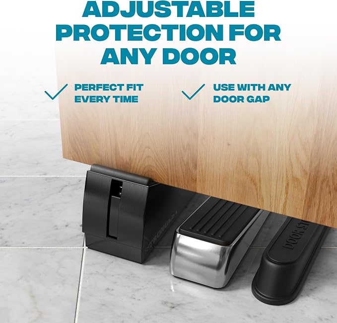 STRONGEST HOME Stoppers for Bottom of Door – Heavy Duty Metal Rubber Door Stopper, Non-Slip Door Stop for Heavy Doors, Works on Wood, Tile & Carpet Floors Folding Black 10 PCs + White Wall Protectors