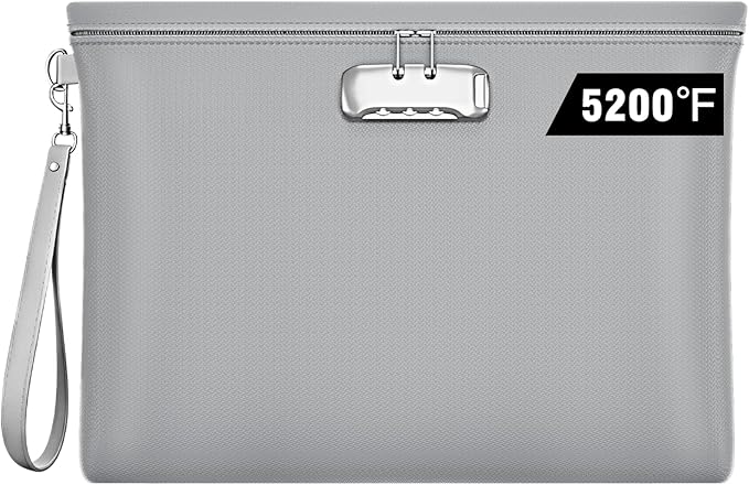Fireproof Document Bag with Lock, ZOOPIP 14.6"x10.5" Fireproof and Waterproof Money Bag with Zipper Closure, Storage Pouch for A4 Letter Size Document, Cash, Cell Phone, Passport-Gray