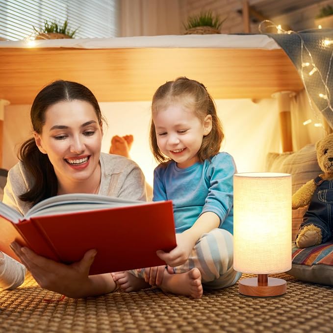 Small Table Lamps (Beige Shade - Walnut Base, 9" Inline Control) | 3000K LED Blub Included | 680 Lumens | Easy Assembly | Minimalist Design | E26 | for Kitchen | for Kids Room