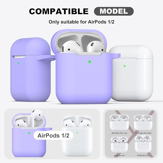R-fun for AirPods 1/2 Case, Soft Silicone Protective Cover with Keychain and Cleaning Pen, Compatible with AirPods 2nd/1st Generation (2016/2019), Full Drop Protection Cover, Lilac