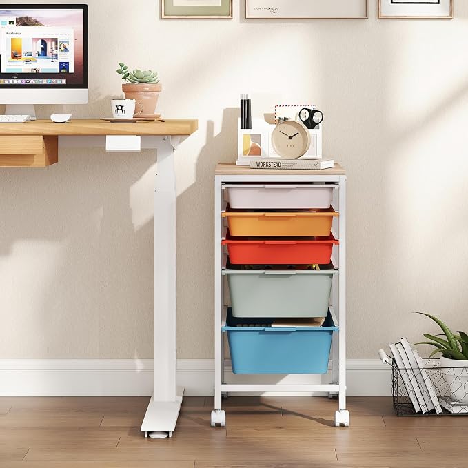 Giantex Rolling Storage Cart with 5 Drawers, Utility Cart w/Wooden Tabletop, Lockable Wheels, Multipurpose Organizer for Art Craft Books Paper, Drawer Carts for Dorm Classroom Office, Macaron