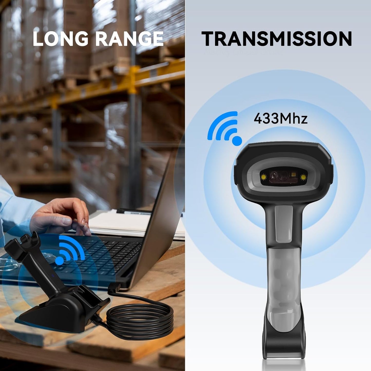 Alacrity Wireless Charging Barcode Scanner with Display Screen, 1D/2D Symbologies, Global Shutter Sensor, Long-Distance 433MHz Wireless & Bluetooth Connectivity, Industrial Shock and Dust-Proof, Green