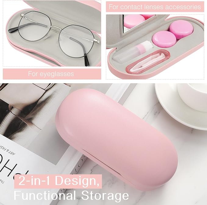 MoKo Double Eyeglass Case, Contact Lens Case with Mirror Tweezers Remover, 2 in 1 Double Sided Portable Contact Lens Box Holder Container Soak Storage Kit Sunglasses Pouch for Men & Women, Pink