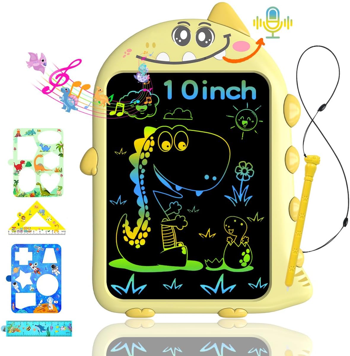 10inch LCD Writing Tablet with Record, Dino Sounds, Type-C Rechargeable,Doodle Board Toddler Learning Toys for 2-6 Kids Christmas Birthday Gift for Quiet Play in Hotel, Airplanes...