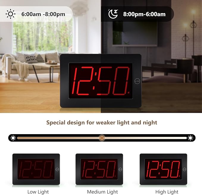 LED Digital Wall Clock Battery Operated - Large Display Digital Clock, Adjustable Brightness, Wall or Table Mount