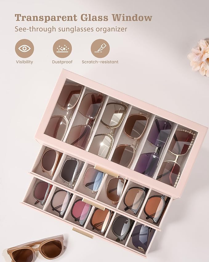 Lolalet Sunglasses Storage Box for Women, Eyewear Eye Glass Organizer with Clear Top Display Holder Case