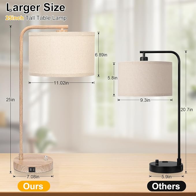 Farmhouse Table Lamp, Fully Dimmable Tall Bedisde Lamp with USB C+A Ports | 25" Modern Nightstand Lamp with Wood Grain Metal Base, Desk Reading Lamp for Living Room Bedroom Office, LED Bulb Included