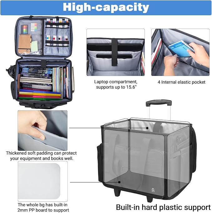 Rolling Teacher Bag Built-in Hard Support Board With Detachable Trolley | Waterproof nylon,35L large space,Multiple storage pockets,Fits 15.6 Inch Laptop