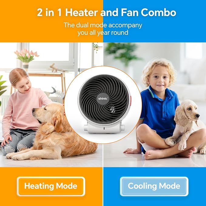 shinic Desk Fan and Heater Combo, Portable Cooling Air Circulator Fan, Tip-Over & Overheat Protection, Turbo Fan Space Heater Combo for Indoor Use Office, Bedroom, Living Room, ETL Listed, White