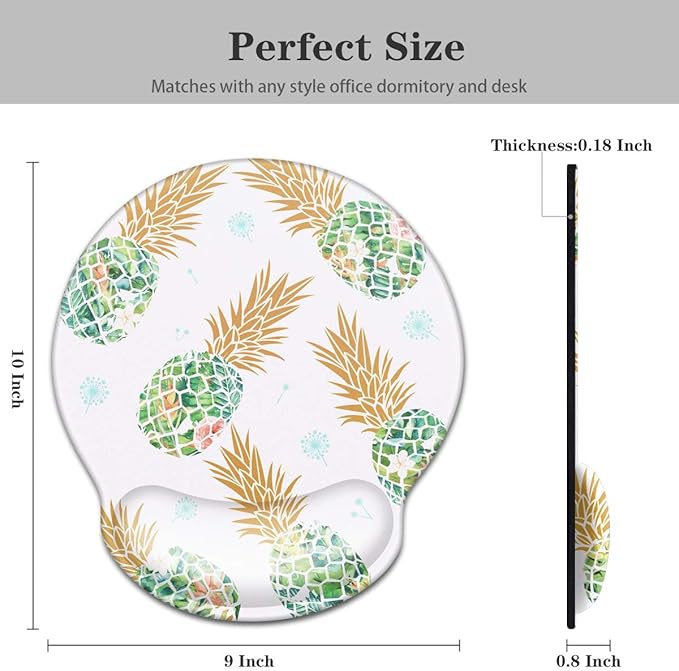 WAVEYU Pineapple Mouse Pad with Wrist Support, Cute Designed Mouse Mat with Wrist Rest for Women Girls, Comfortable Non-Slip Rubber Base Mousepad for Laptop, Computer, 9'' x 10'', Green Pineapple