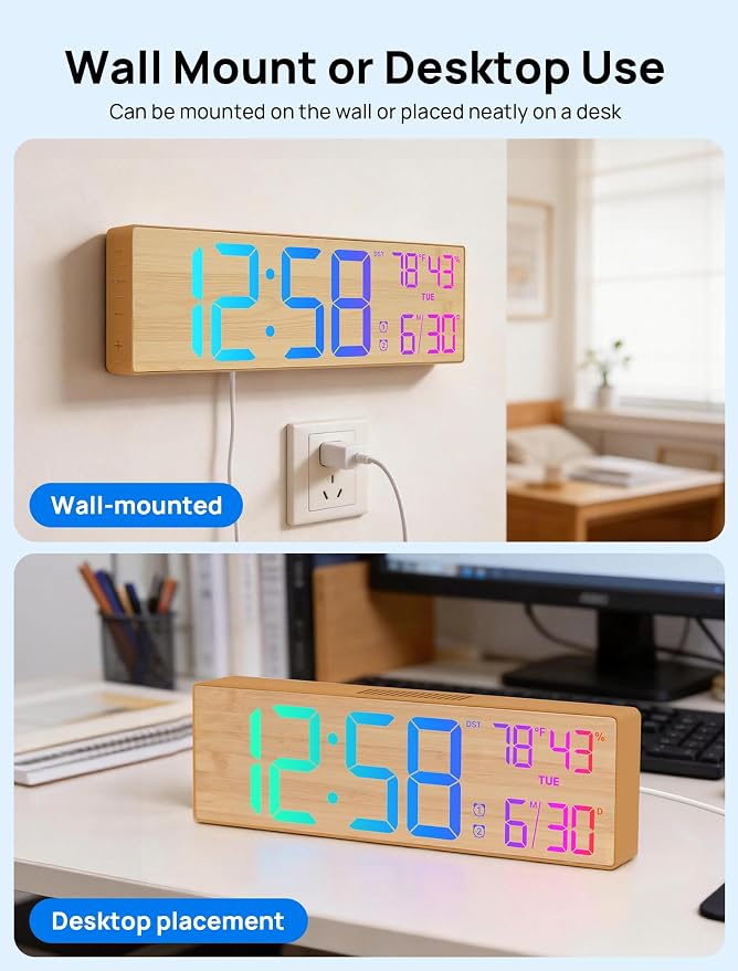 2026 Upgrade 18.5" Large Digital Wall Clock with Remote Control, Big LED Display Digital Clocks with Night Light, Alarm, DST, Temp for Parlor, Office, Classroom, Bedroom,Gifts for Seniors(Light Wood)
