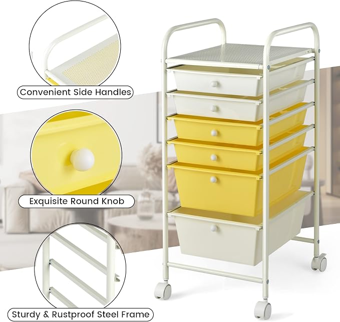 COSTWAY 6-Drawer Rolling Storage Cart, Art Craft Tools Organizer on Wheels | Multifunctional Heavy Duty Utility Mobile Storage Trolley w/ 2 Lockable Wheels for Home Office School (Yellow, Beige & Grey)